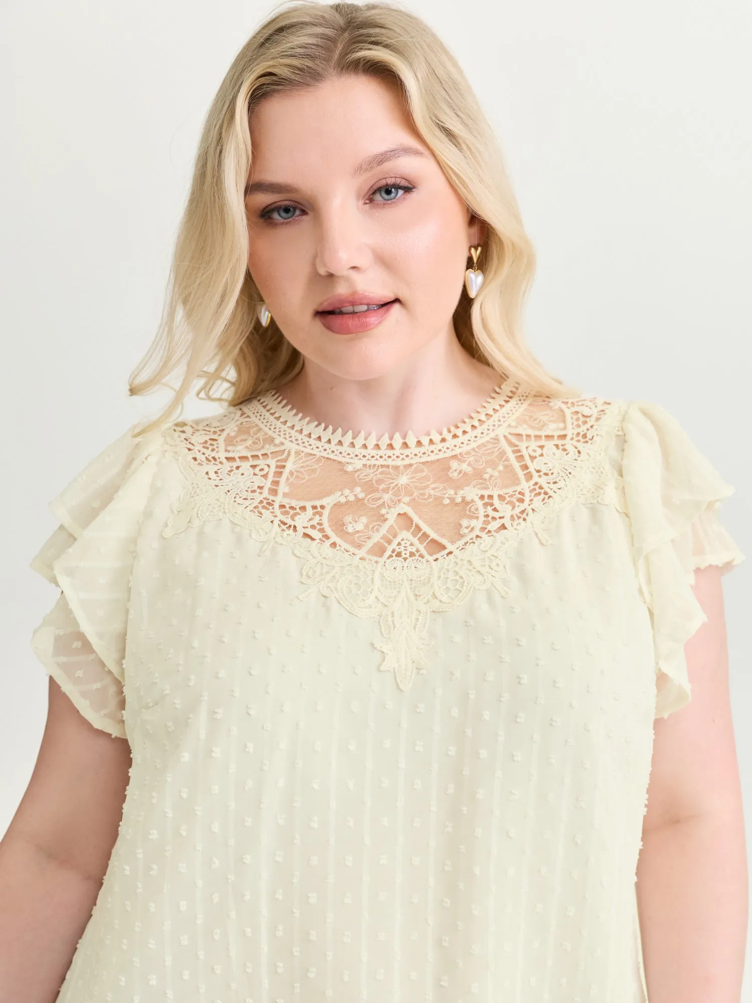 Sheer Lace Neckline Layered Sleeve Blouse sold by Bloomchic