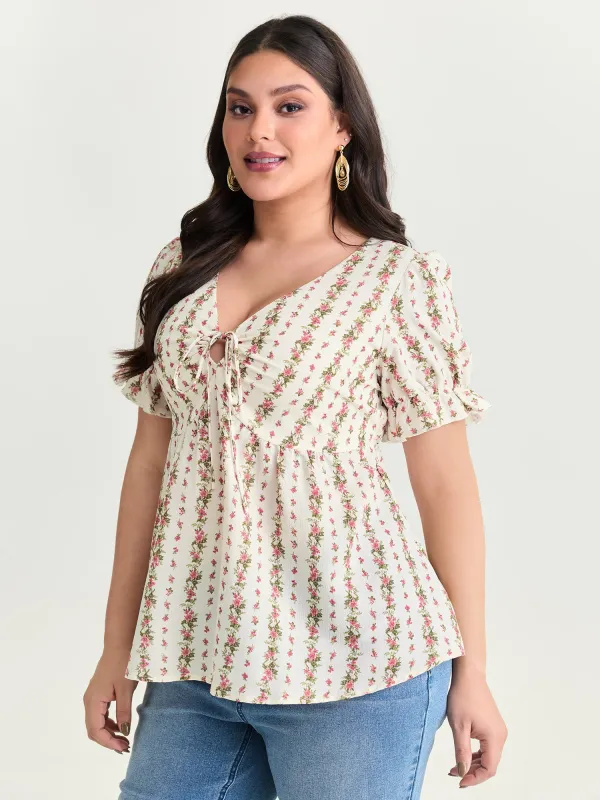 Floral Striped Adjustable Drawstring Blouse made by Bloomchic