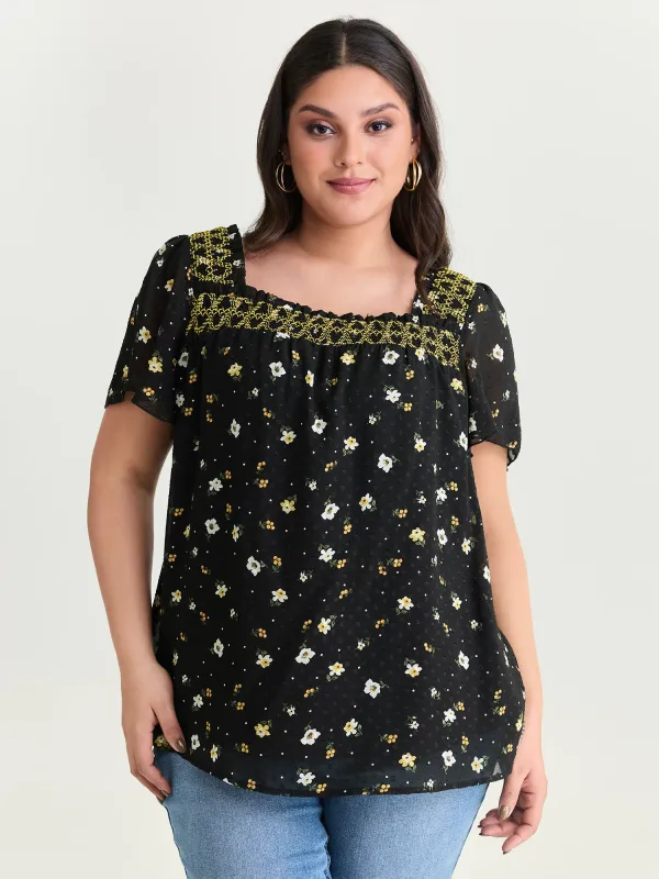 Laser Cut Floral Print Square Neckline Blouse made by Bloomchic
