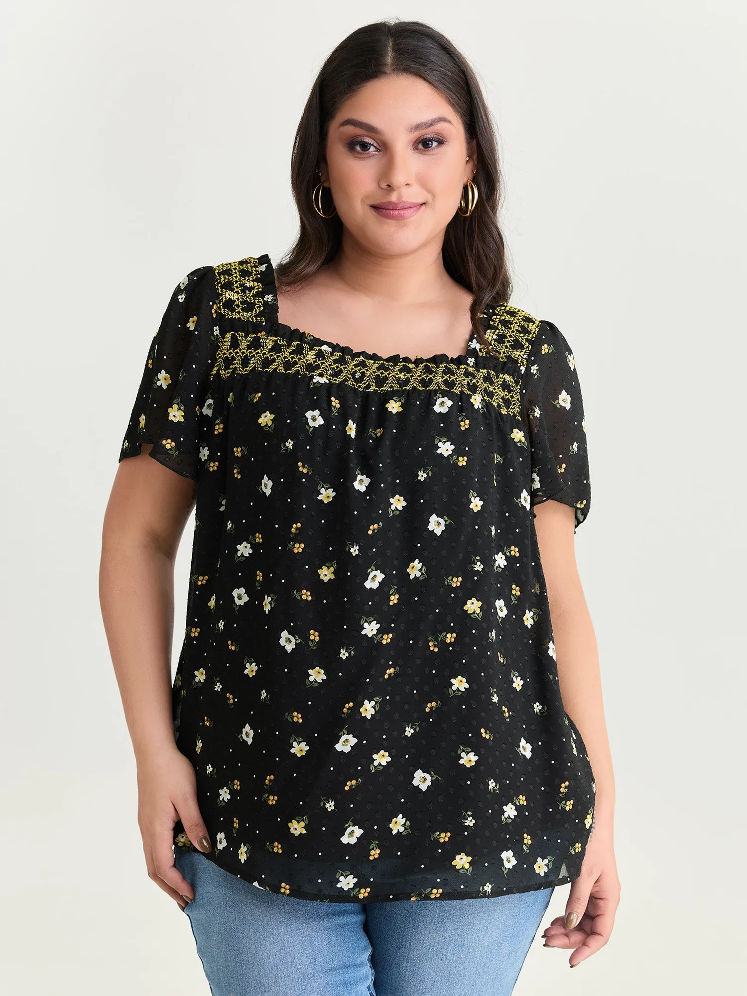 Laser Cut Floral Print Square Neckline Blouse sold by Bloomchic