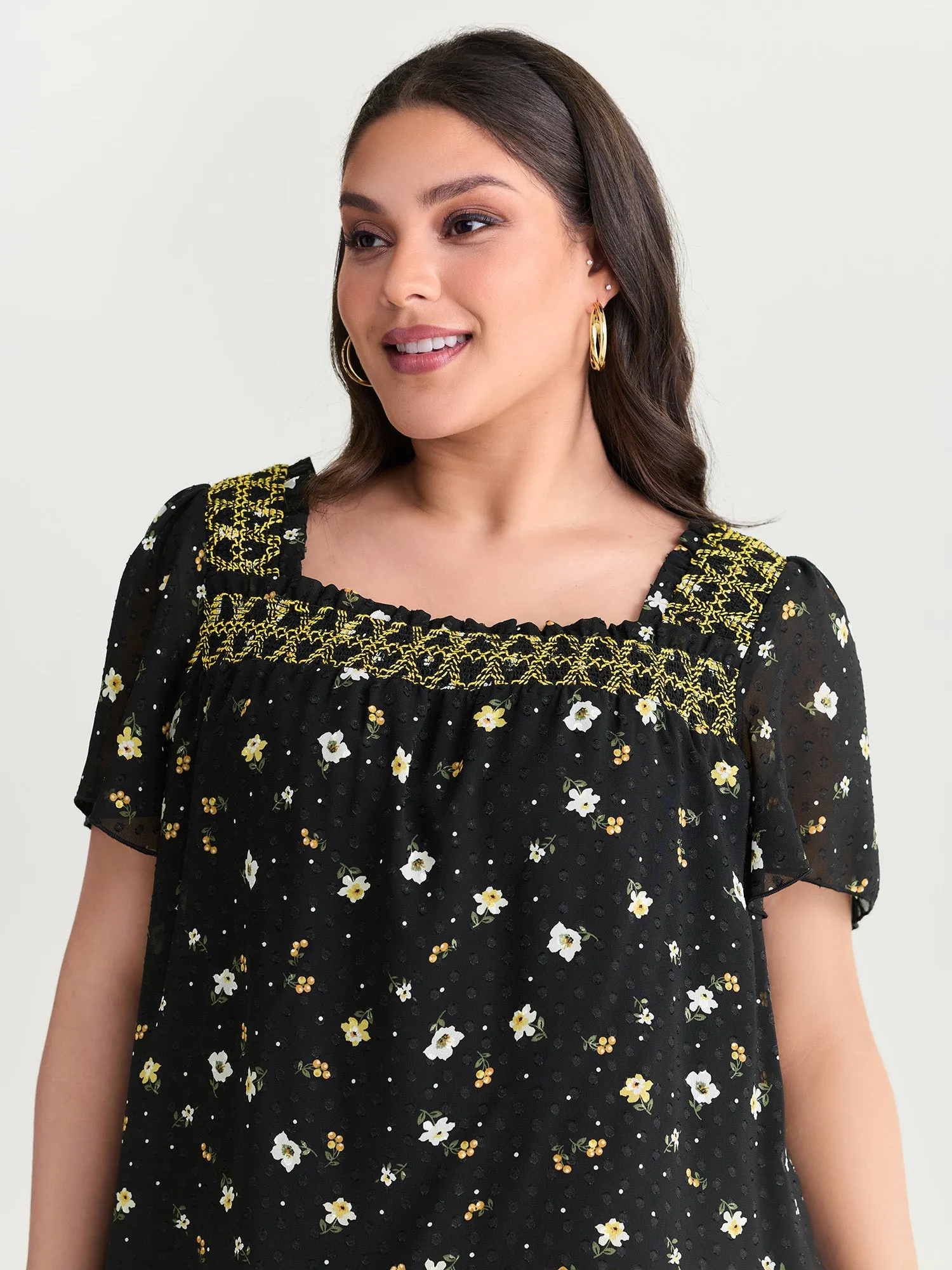 Laser Cut Floral Print Square Neckline Blouse sold by Bloomchic product image thumbnail 2