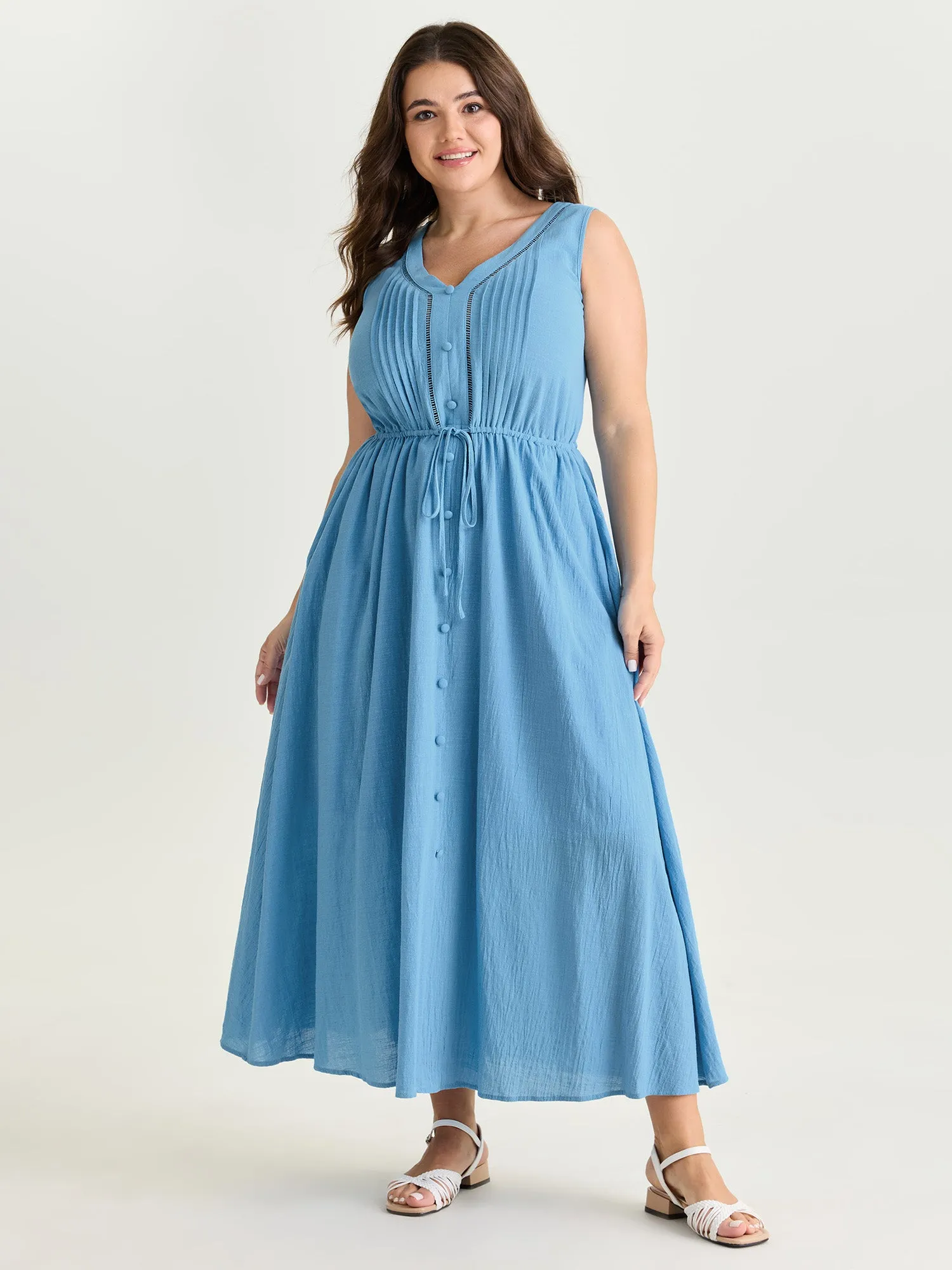 Cotton Pleated Bodice Button Detail Maxi Dress sold by Bloomchic