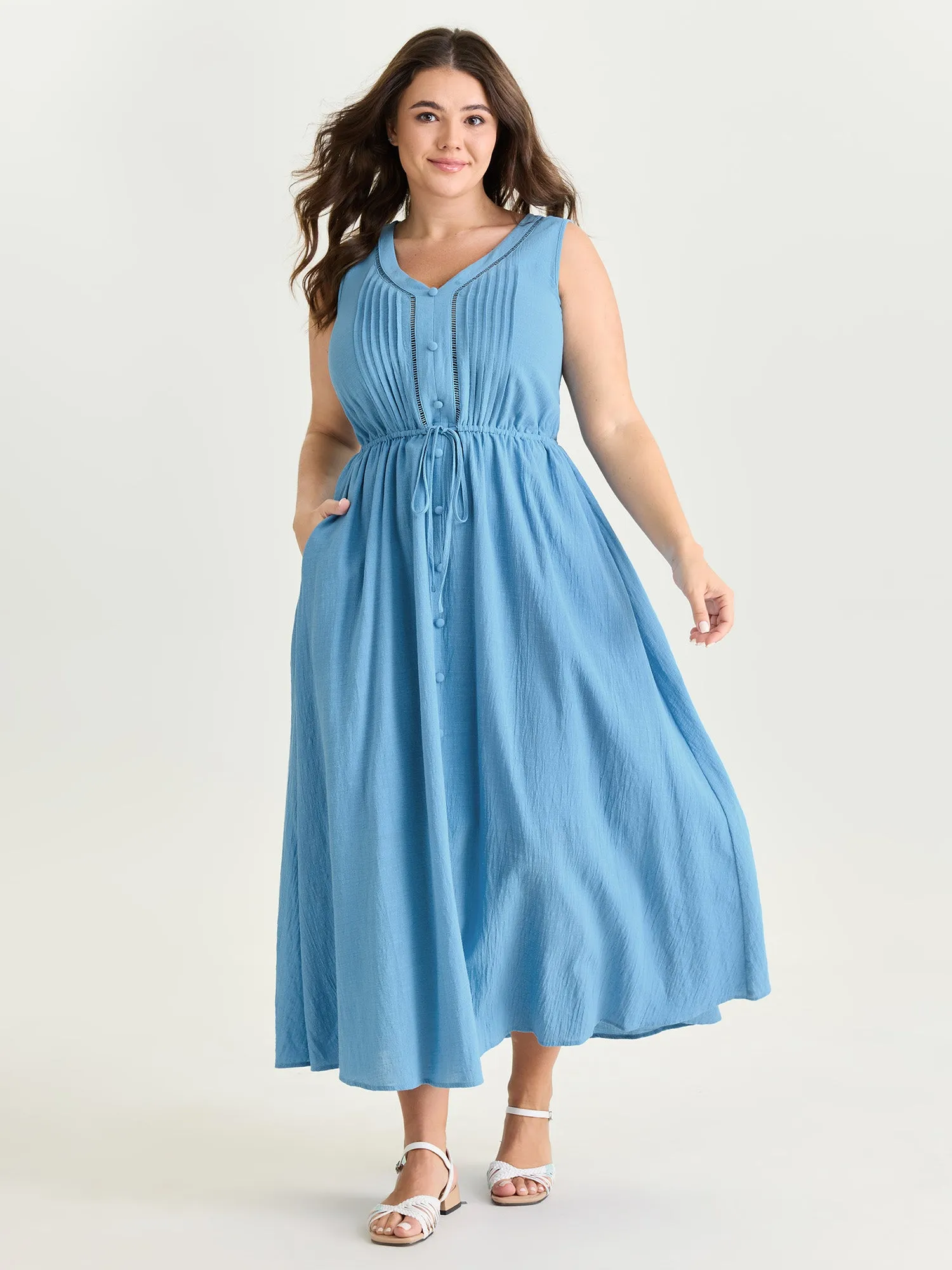 Cotton Pleated Bodice Button Detail Maxi Dress sold by Bloomchic product image thumbnail 3
