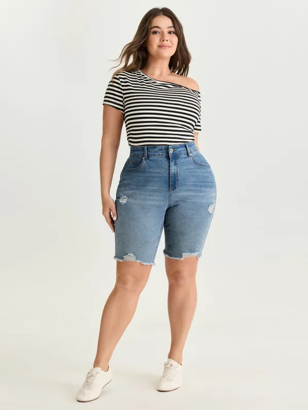 Stretchy Skinny-Fit Raw Hem Denim Shorts made by Bloomchic