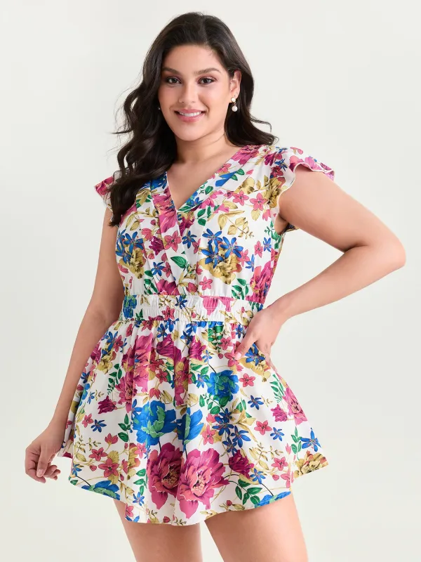 Bright Floral Print Waist-Defining Romper made by Bloomchic