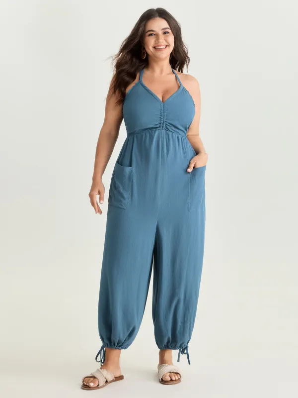 Ruched Front Crisscross Back Tie Jumpsuit made by Bloomchic