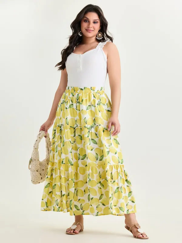 Fresh Lemon Print Maxi Skirt made by Bloomchic