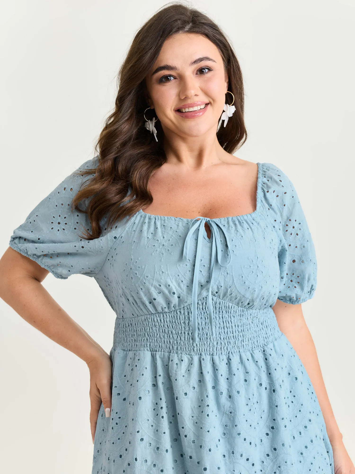 Eyelet Embroidered Cinched Waist Mini Dress sold by Bloomchic product image thumbnail 2