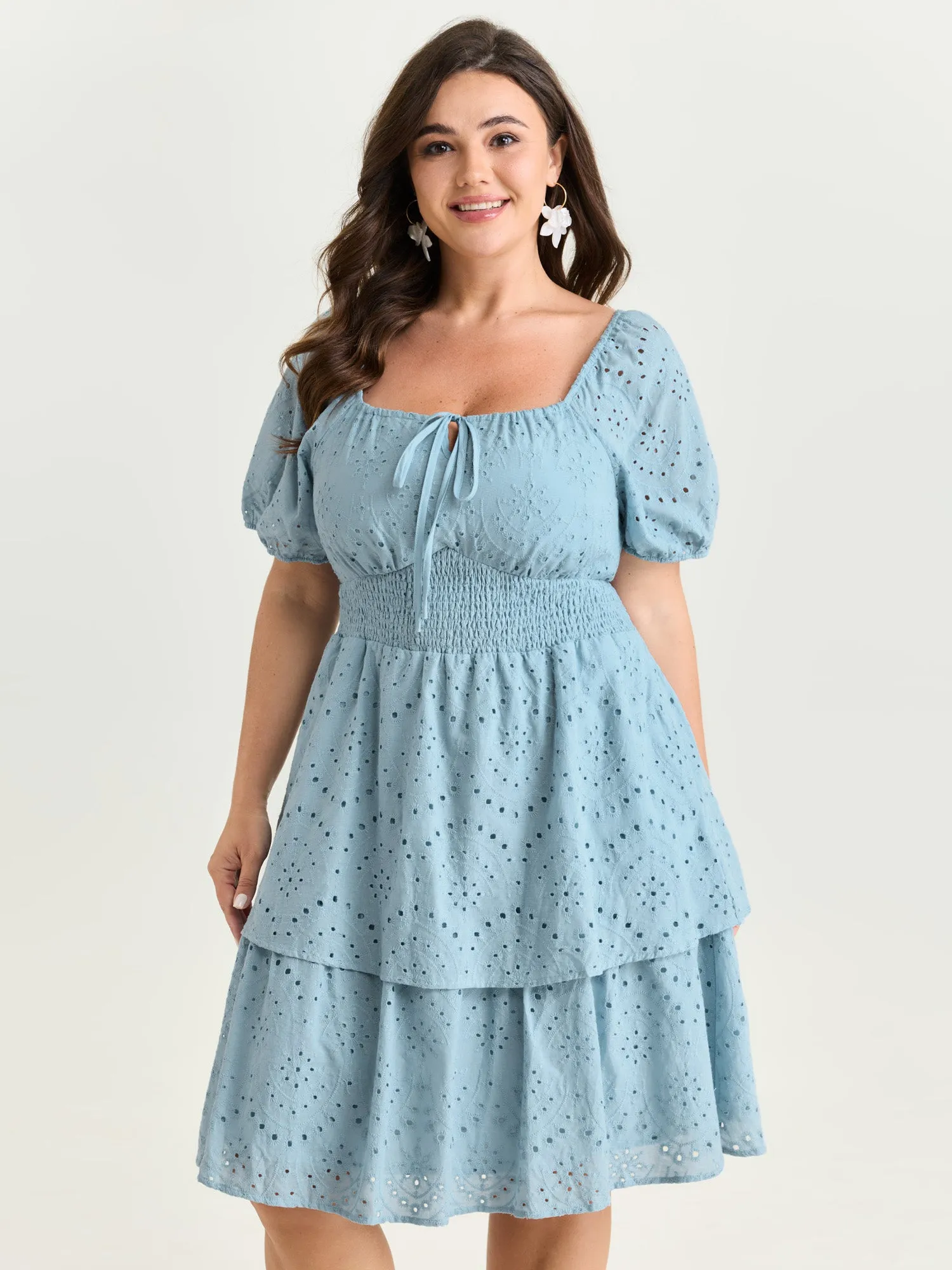 Eyelet Embroidered Cinched Waist Mini Dress sold by Bloomchic