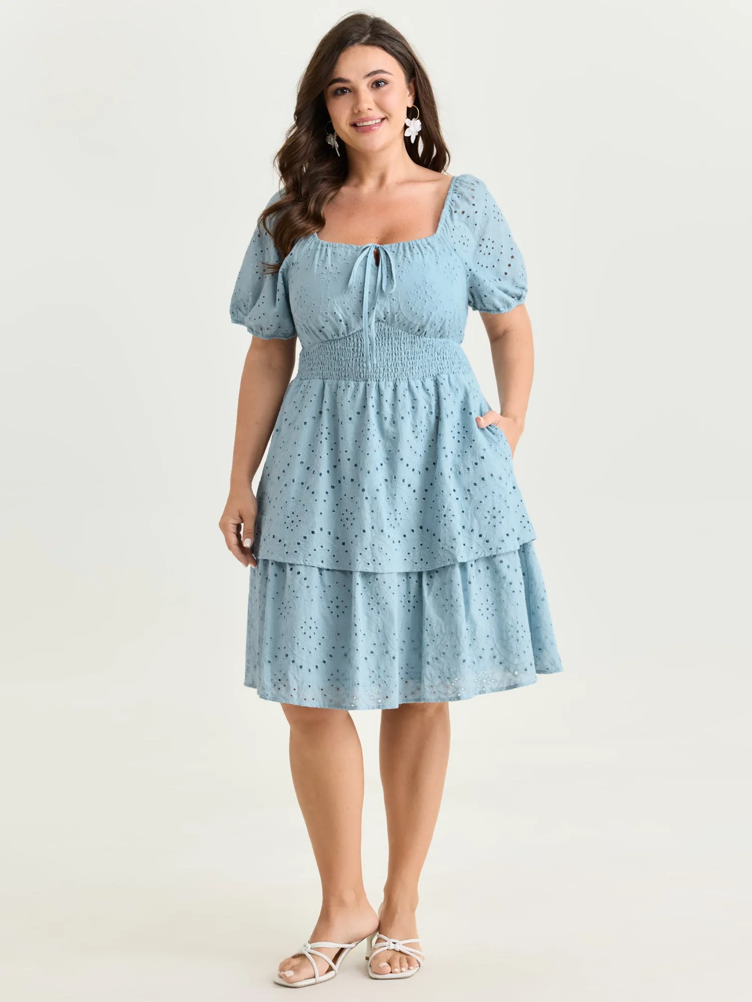 Eyelet Embroidered Cinched Waist Mini Dress sold by Bloomchic product image thumbnail 3
