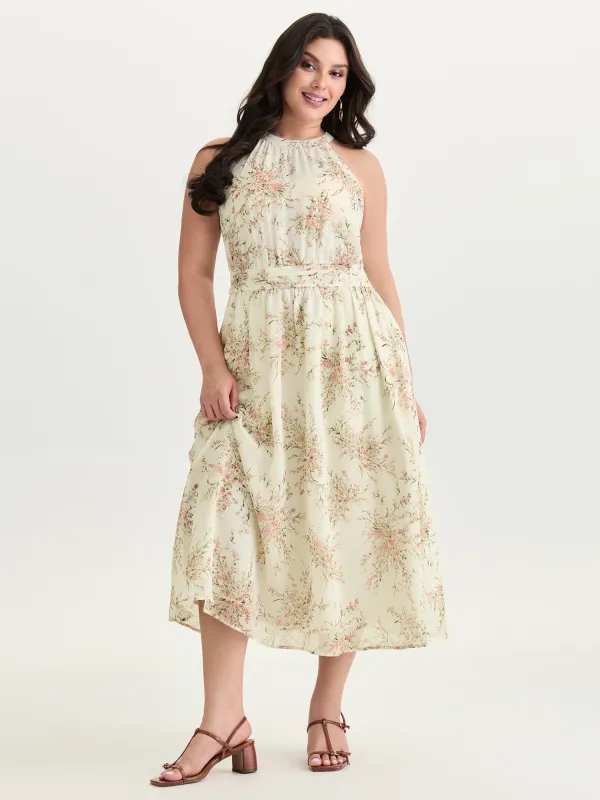Floral Mix Halter Neckline Shirred Maxi Dress made by Bloomchic