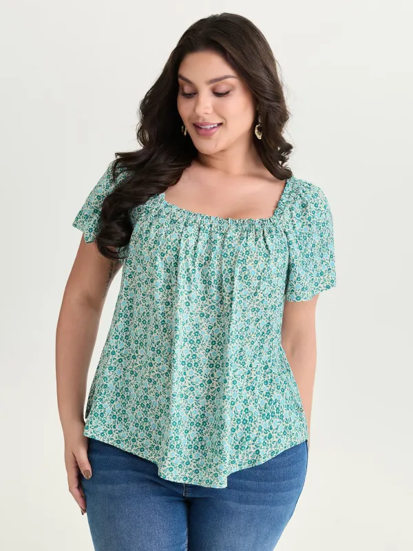 Floral Print Square Neckline Blouse made by Bloomchic