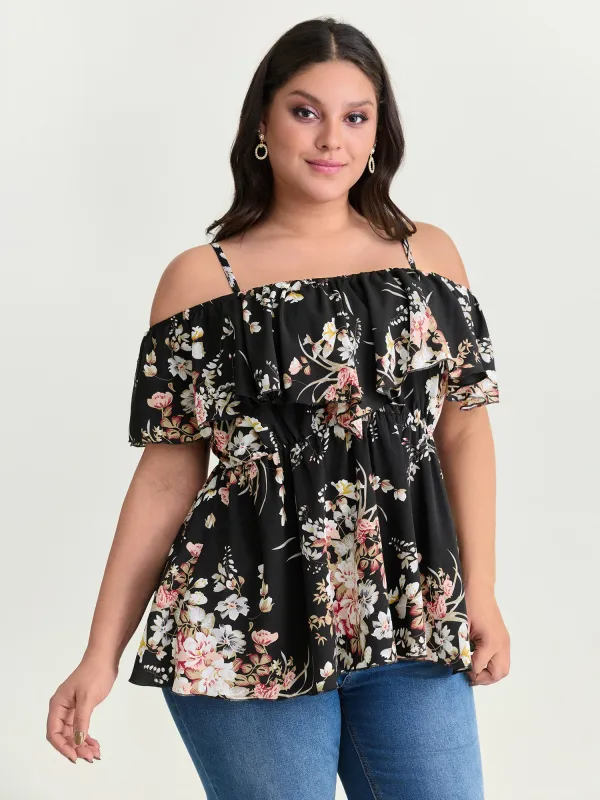 Large Floral Print Cold-Shoulder Blouse made by Bloomchic