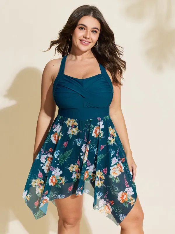 Floral Print Pockets Contrast Swim Dress made by Bloomchic