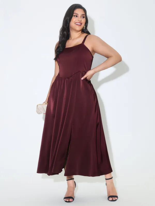 Satin Square Neck Front Slit Slip Maxi Dress made by Bloomchic