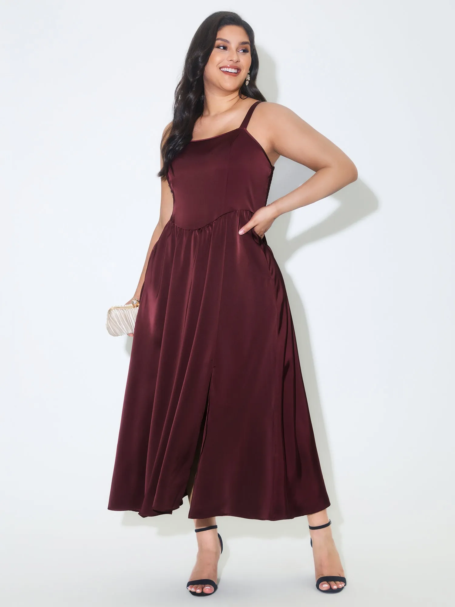 Satin Square Neck Front Slit Slip Maxi Dress sold by Bloomchic