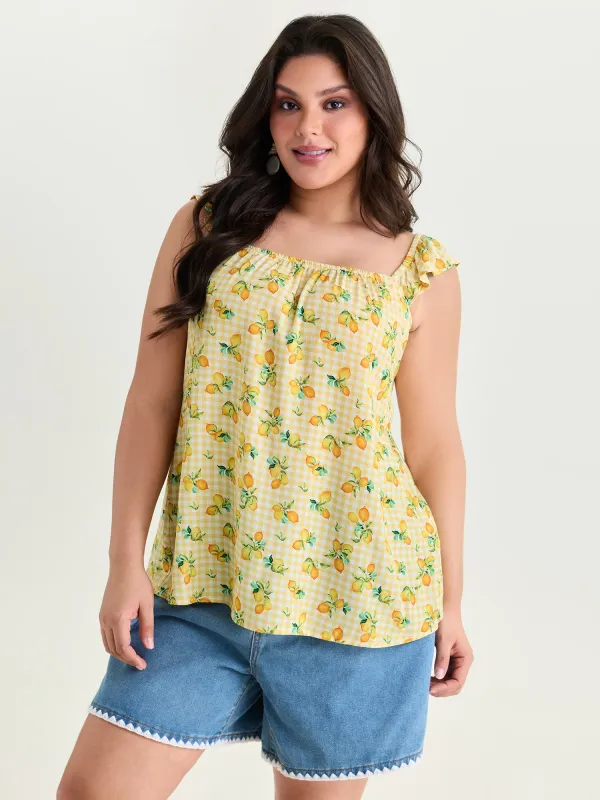 Supersoft Lemon Print Ruffled Sleeve Tank Top made by Bloomchic