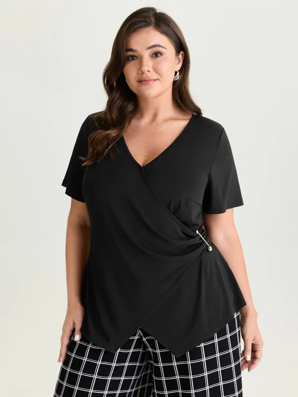 Supersoft Wrap Neckline Side Tie Plain Top made by Bloomchic
