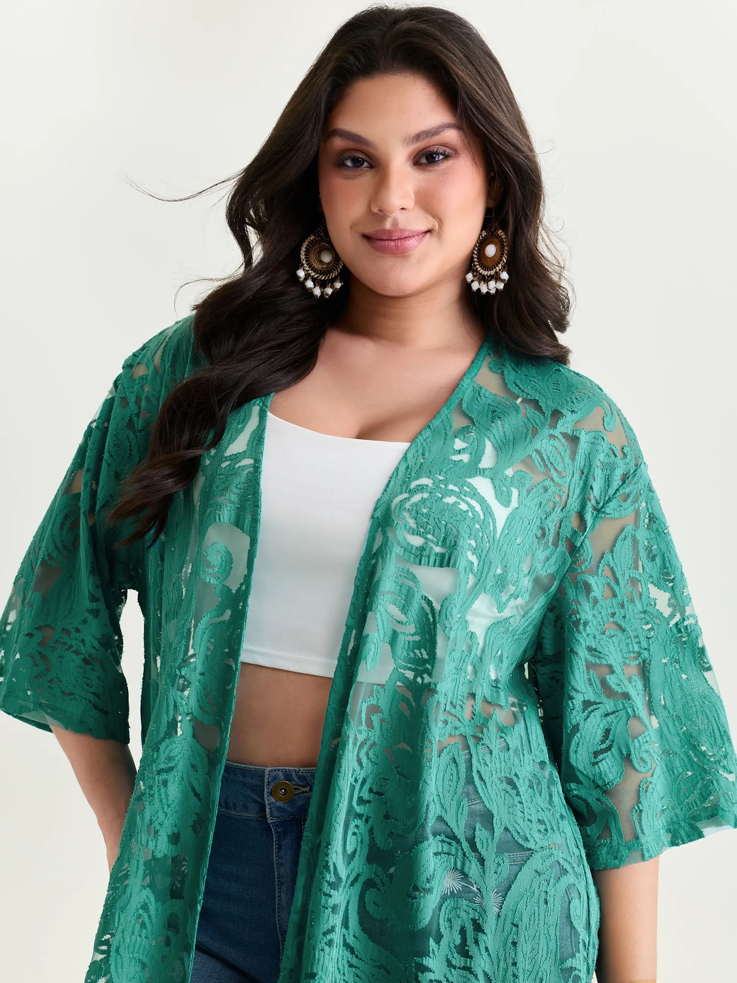 Laser Cut Floral Textured Tassel Detail Kimono sold by Bloomchic product image thumbnail 2