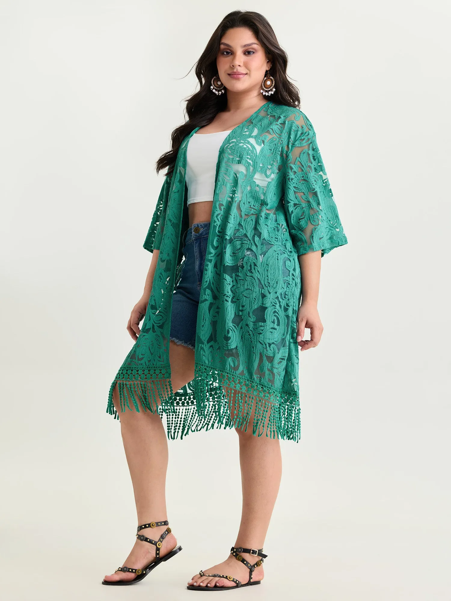 Laser Cut Floral Textured Tassel Detail Kimono sold by Bloomchic product image thumbnail 3