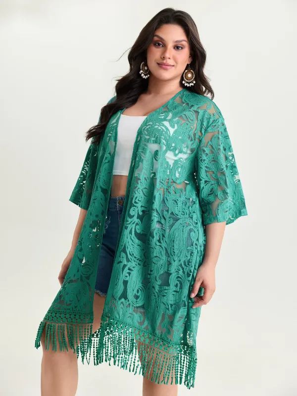 Laser Cut Floral Textured Tassel Detail Kimono made by Bloomchic