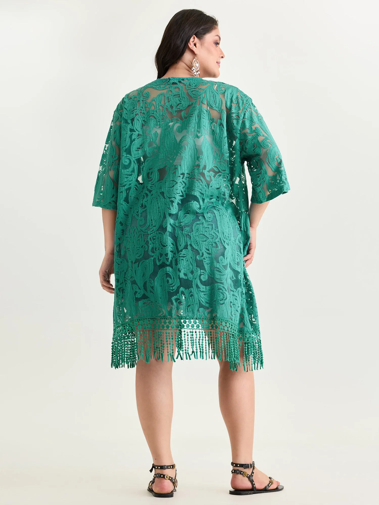 Laser Cut Floral Textured Tassel Detail Kimono sold by Bloomchic product image thumbnail 4