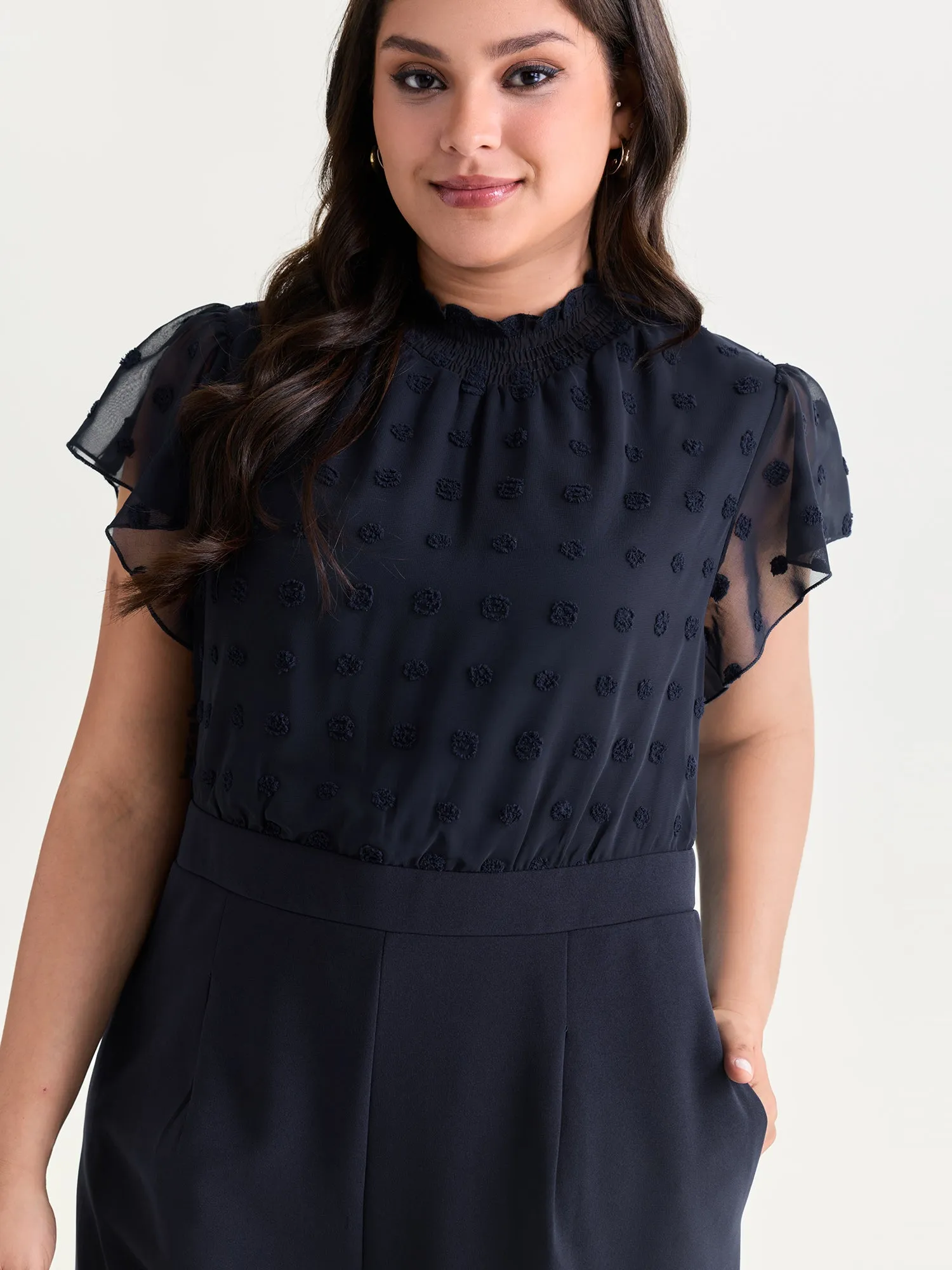 Textured Mock Neck Ruffled Sleeve Jumpsuit sold by Bloomchic product image thumbnail 2