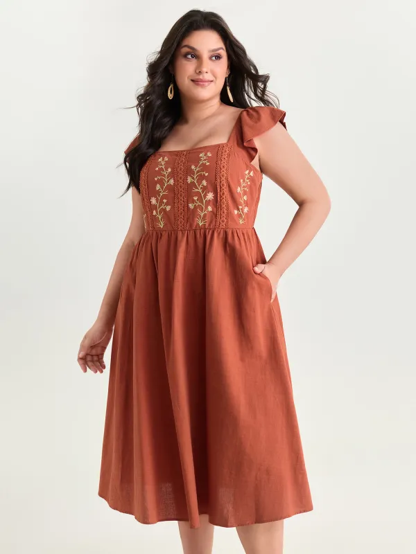 Floral Embroidered Flutter Sleeve Midi Dress made by Bloomchic