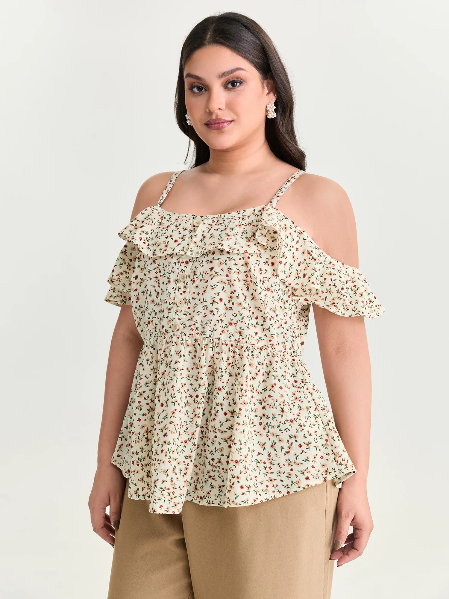 Floral Print Ruffled Cold Shoulder Blouse sold by Bloomchic