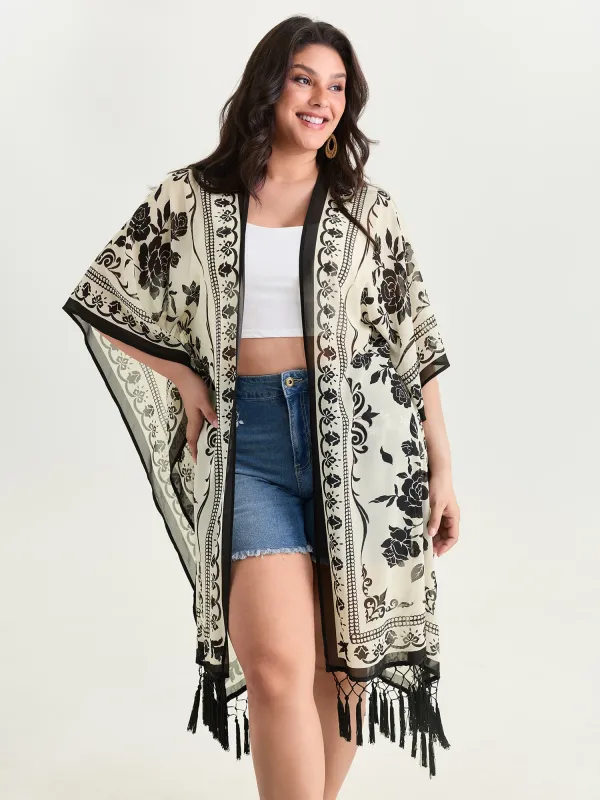 Floral Print Tassel Hem Open-Front Kimono made by Bloomchic