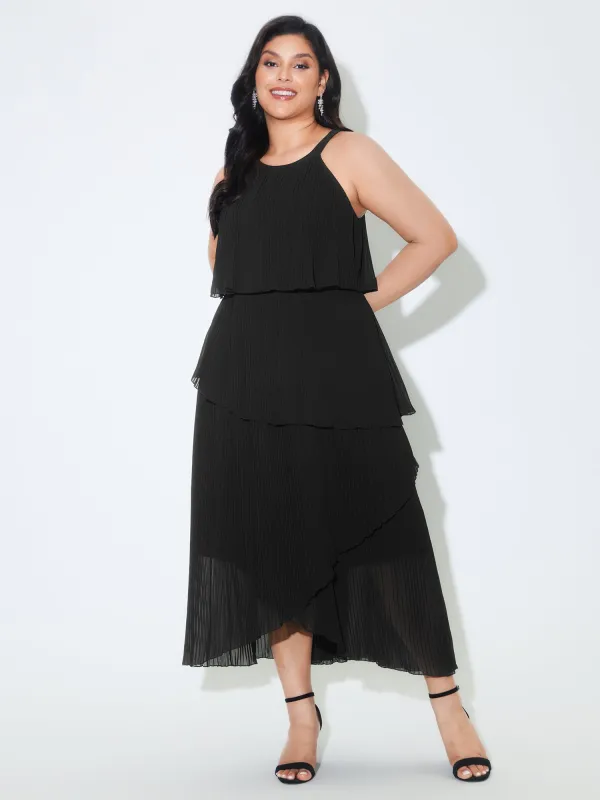 Halter Neck Layered Pleated Texture Maxi Dress made by Bloomchic