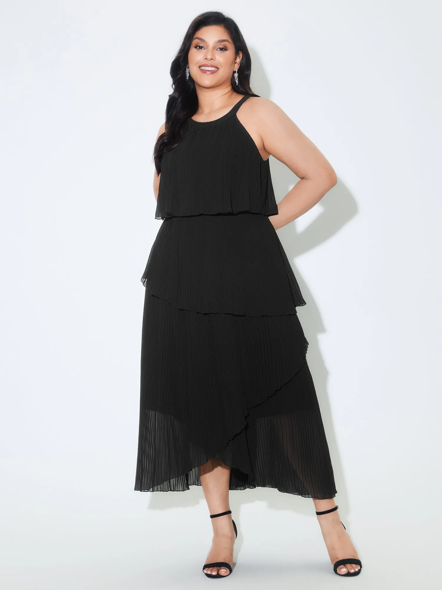 Halter Neck Layered Pleated Texture Maxi Dress sold by Bloomchic