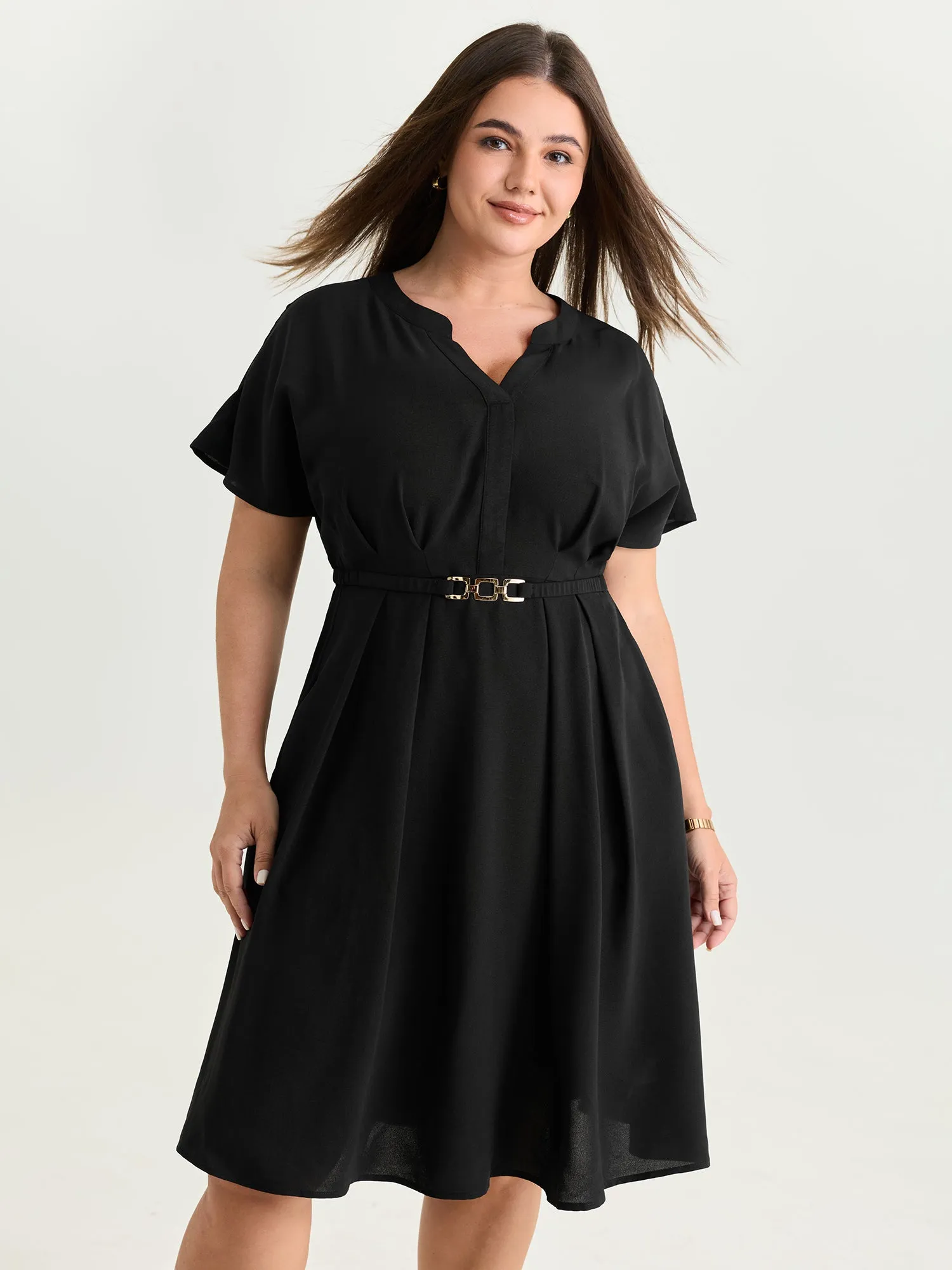 Pleated Belted Detail Pockets Midi Dress sold by Bloomchic