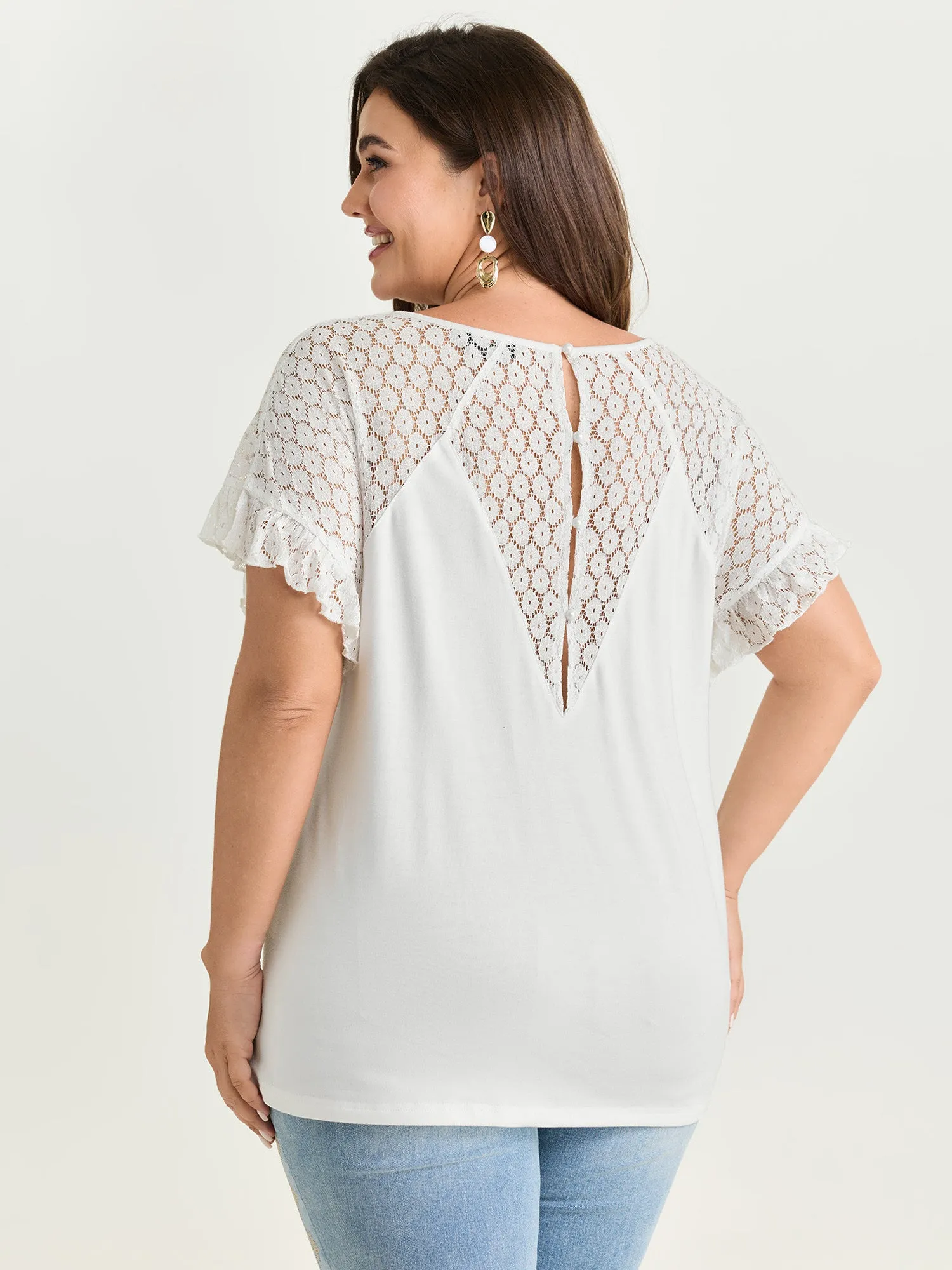 Lace Trim Back Detail V-Neck T-Shirt sold by Bloomchic