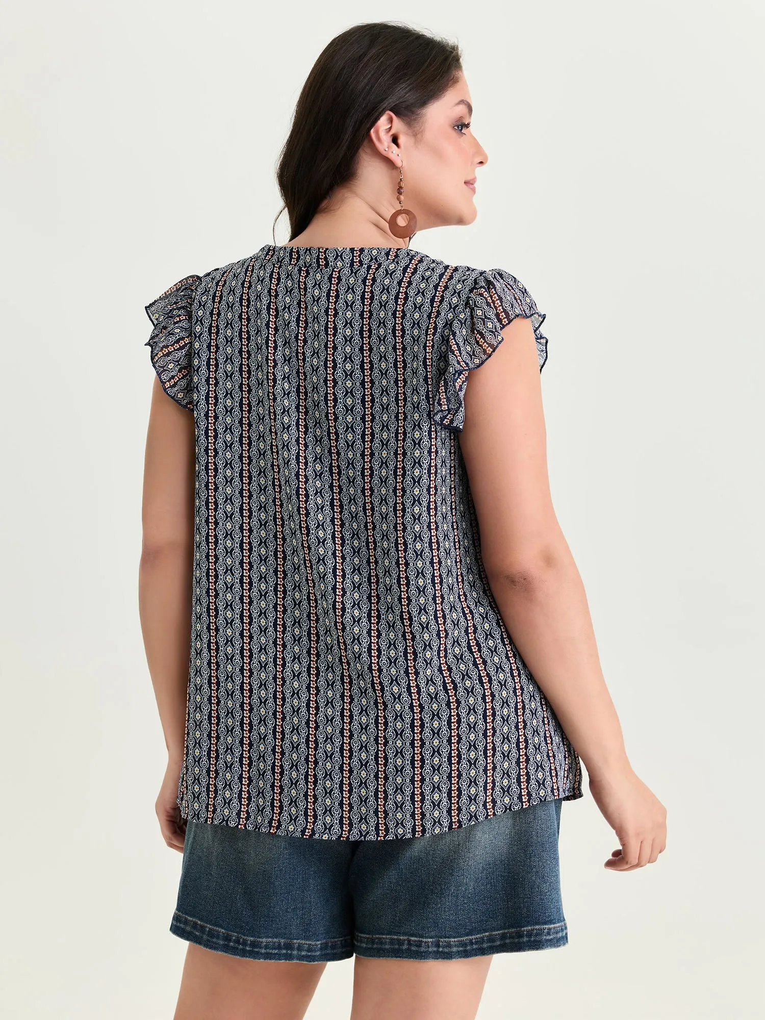 Geometric Print Flutter Sleeve Tassels Blouse sold by Bloomchic product image thumbnail 4
