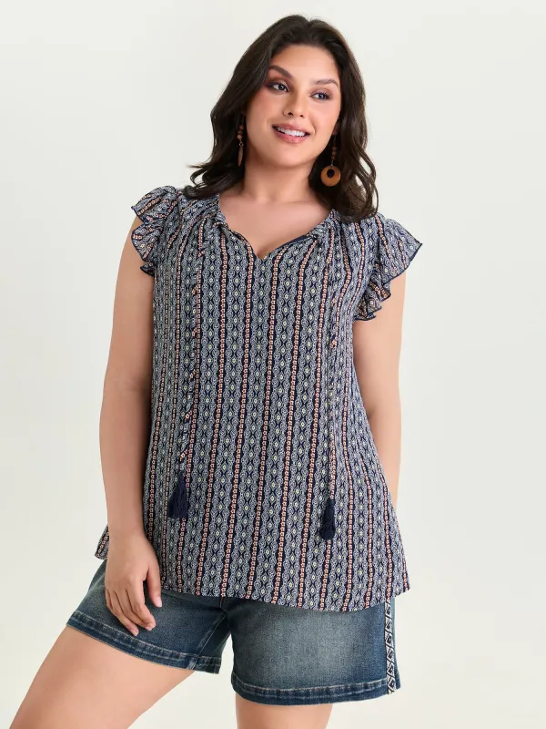 Geometric Print Flutter Sleeve Tassels Blouse made by Bloomchic