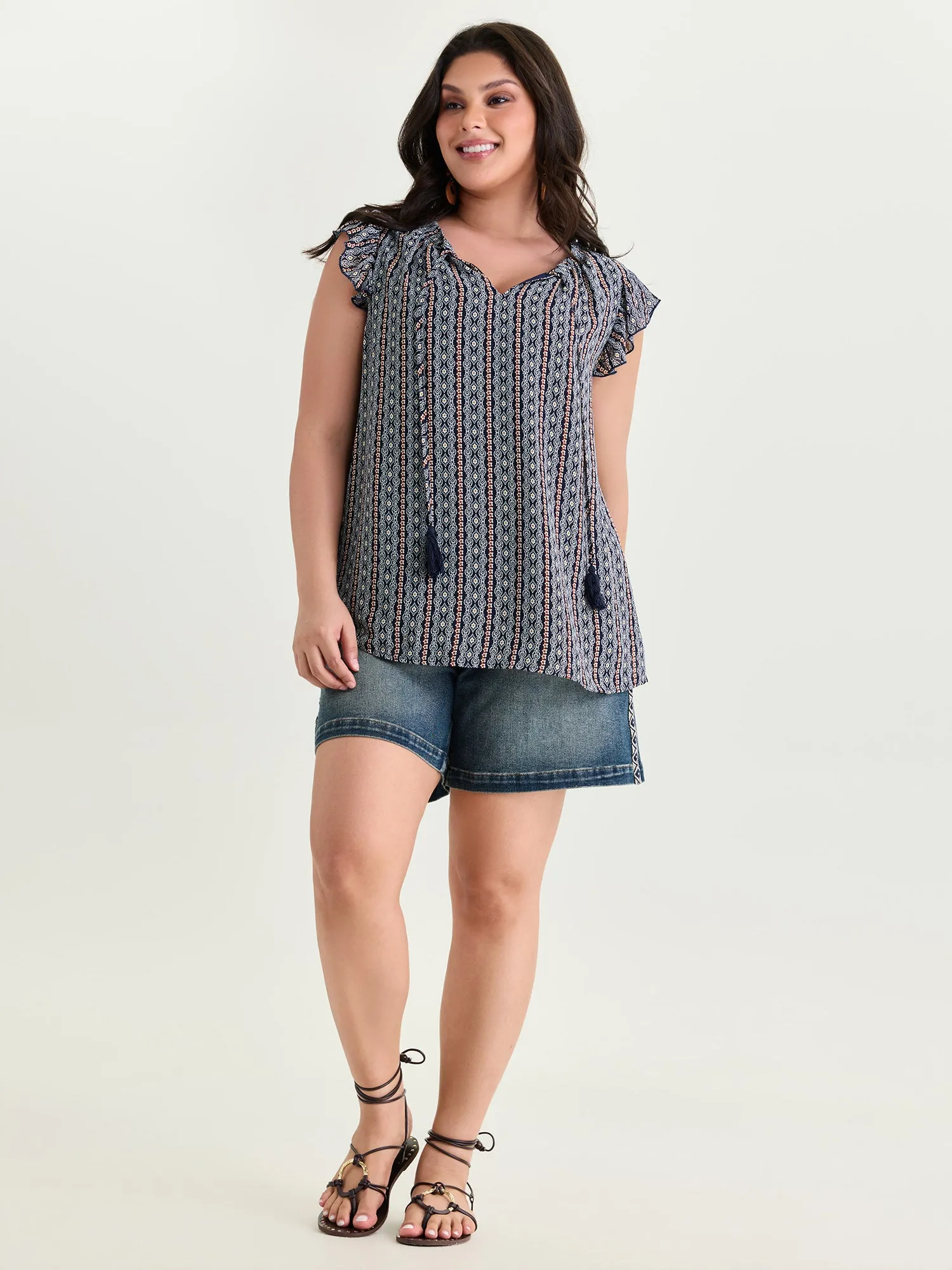 Geometric Print Flutter Sleeve Tassels Blouse sold by Bloomchic product image thumbnail 3