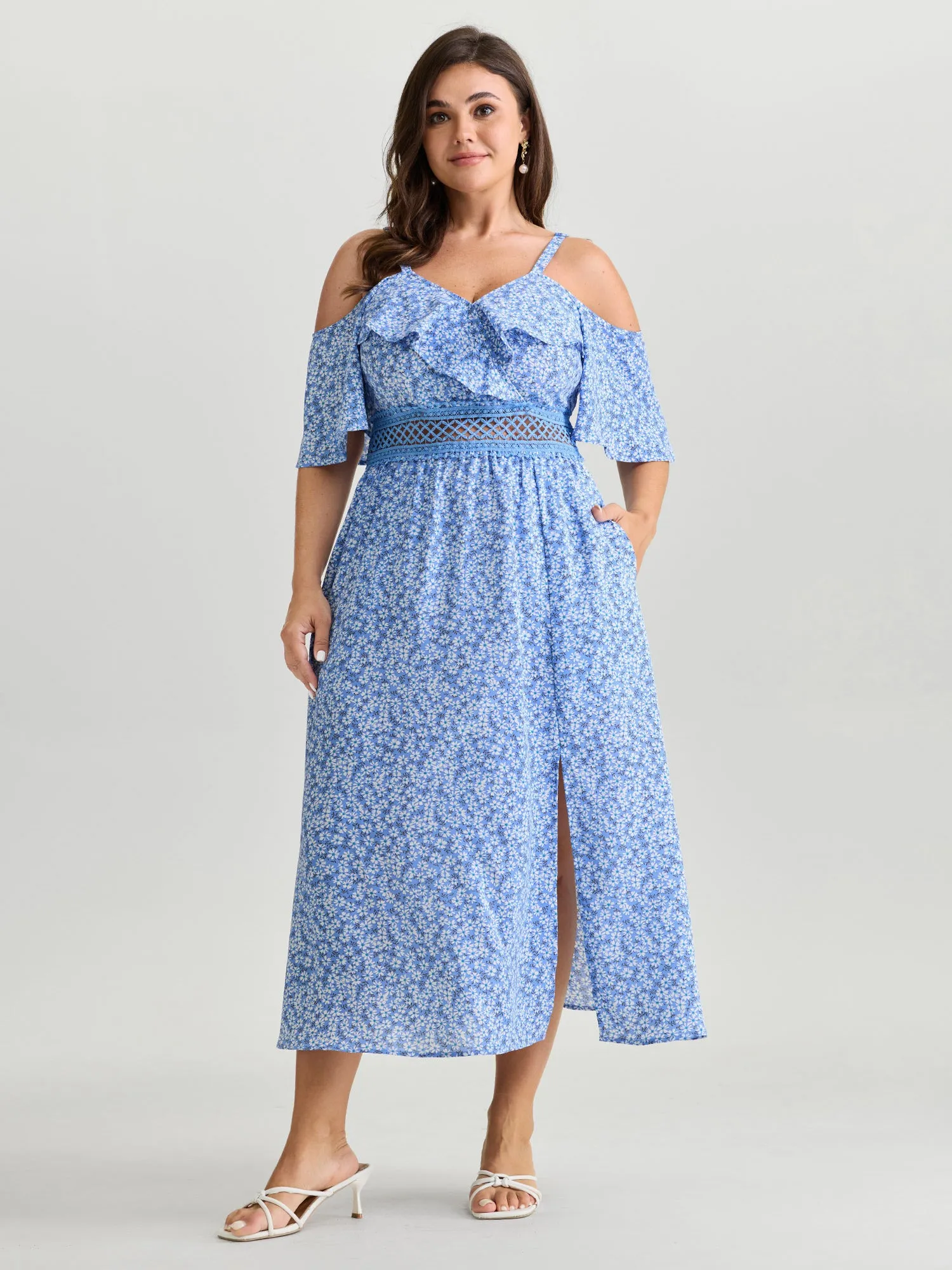 Micro Floral Print Lace Trim Sheer Waist Maxi Dress sold by Bloomchic product image thumbnail 3