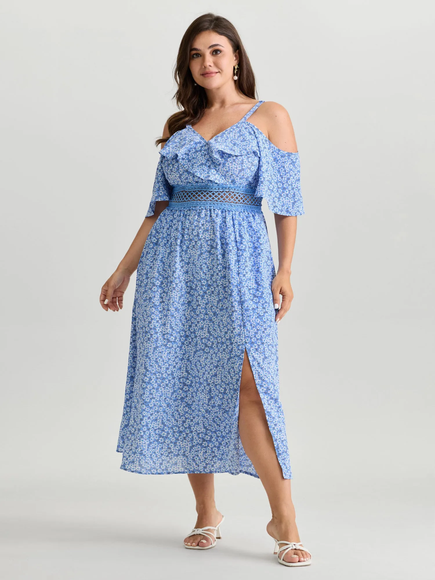 Micro Floral Print Lace Trim Sheer Waist Maxi Dress sold by Bloomchic