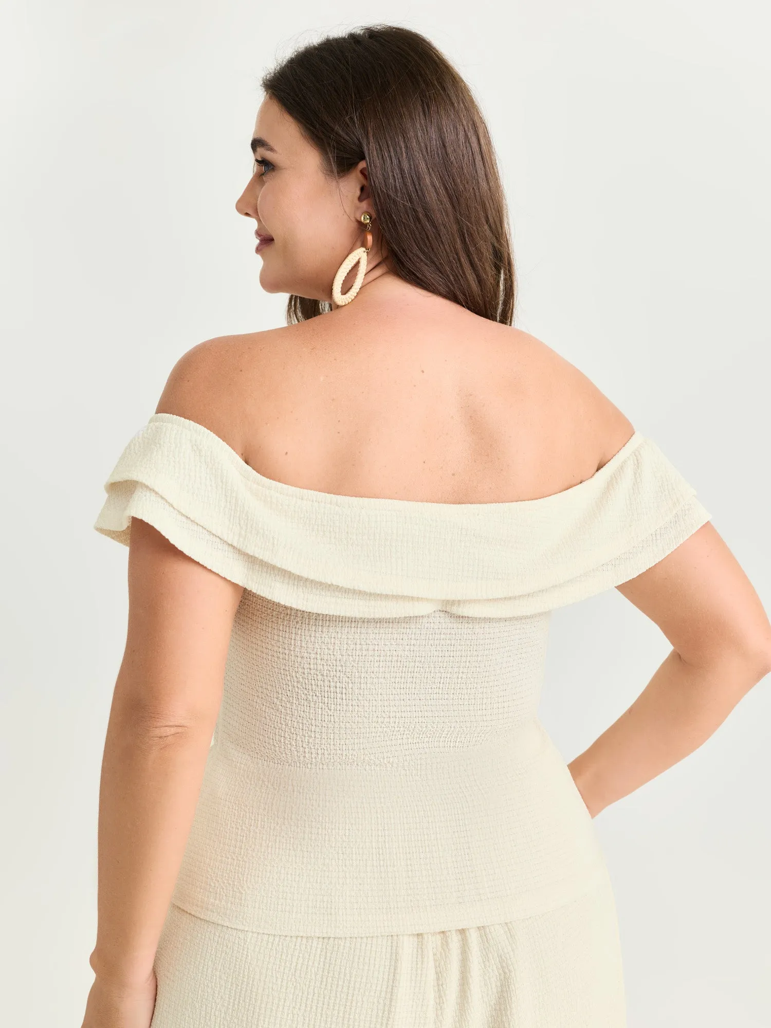 Textured Off-Shoulder Cinched-Waist Knit Top sold by Bloomchic product image thumbnail 4