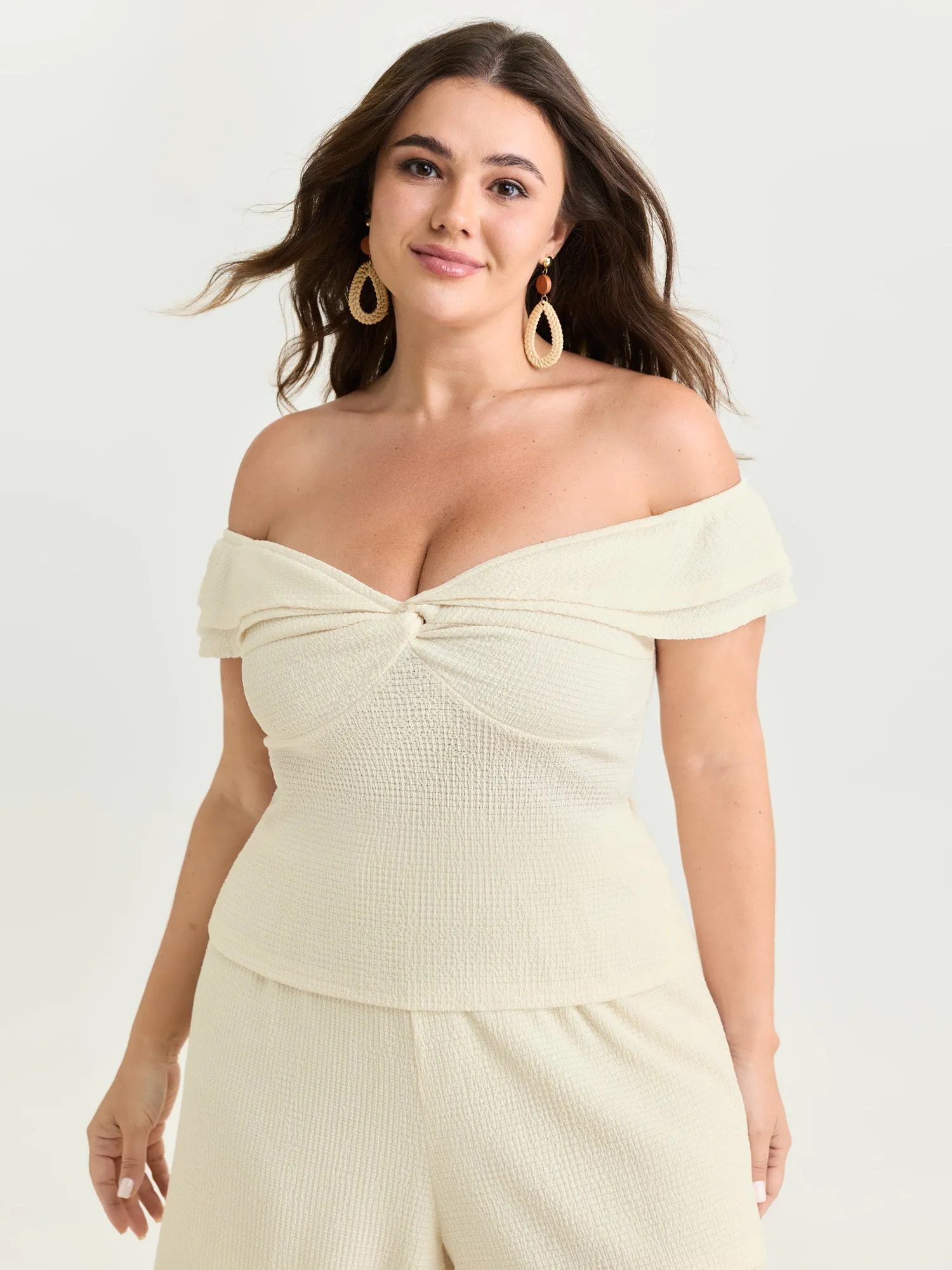 Textured Off-Shoulder Cinched-Waist Knit Top sold by Bloomchic