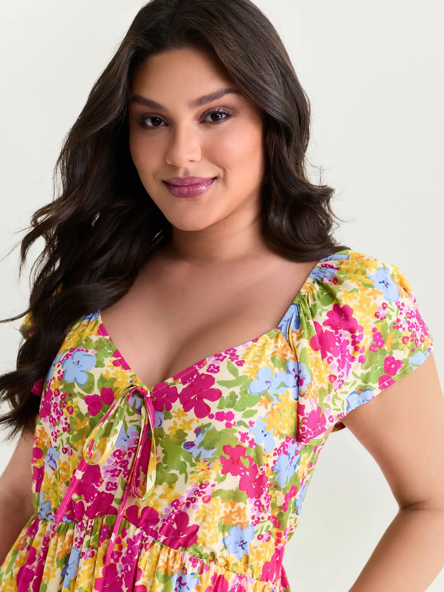 Large Floral Print Drawstring Bodice Midi Dress sold by Bloomchic product image thumbnail 2