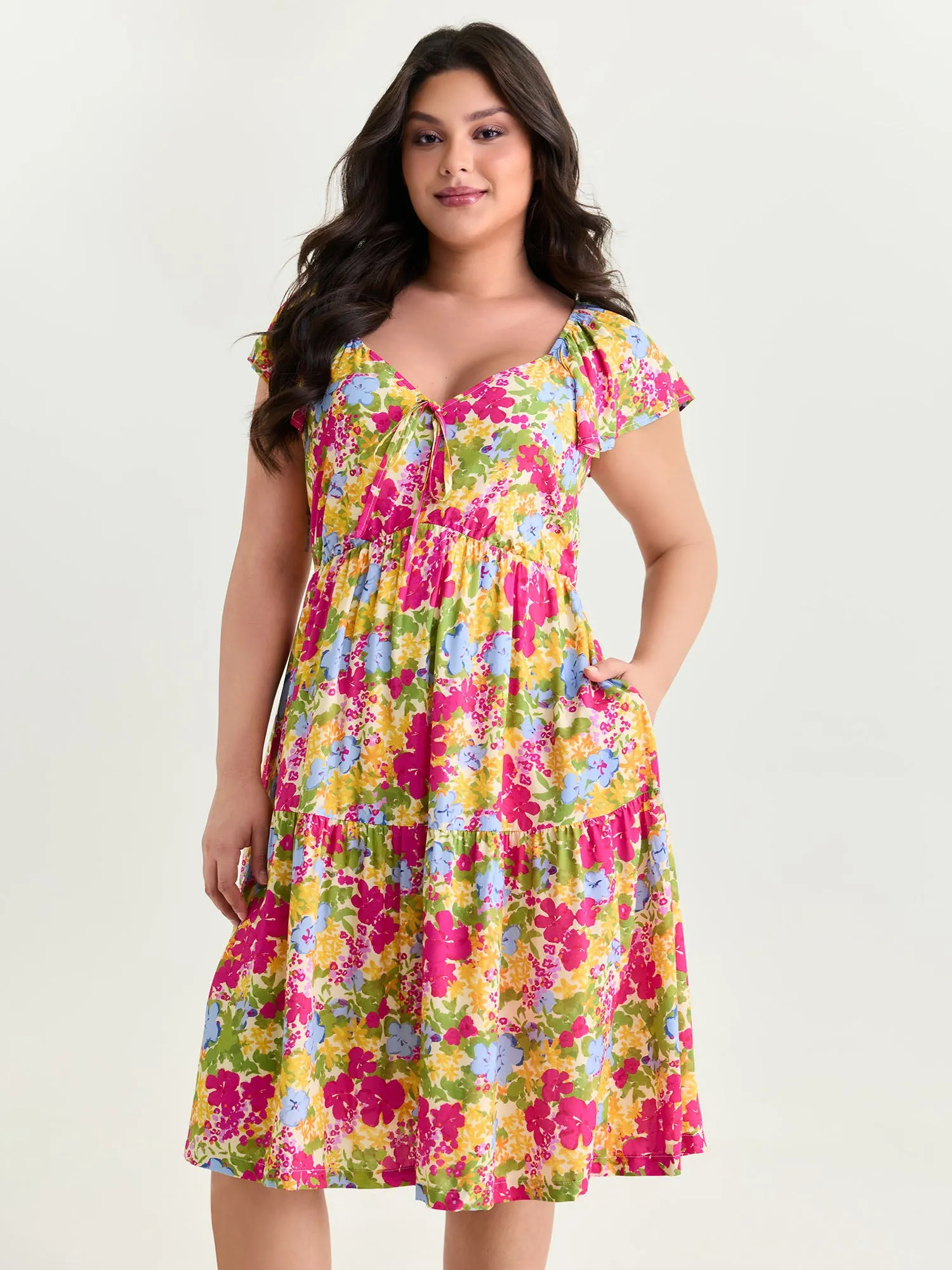 Large Floral Print Drawstring Bodice Midi Dress sold by Bloomchic
