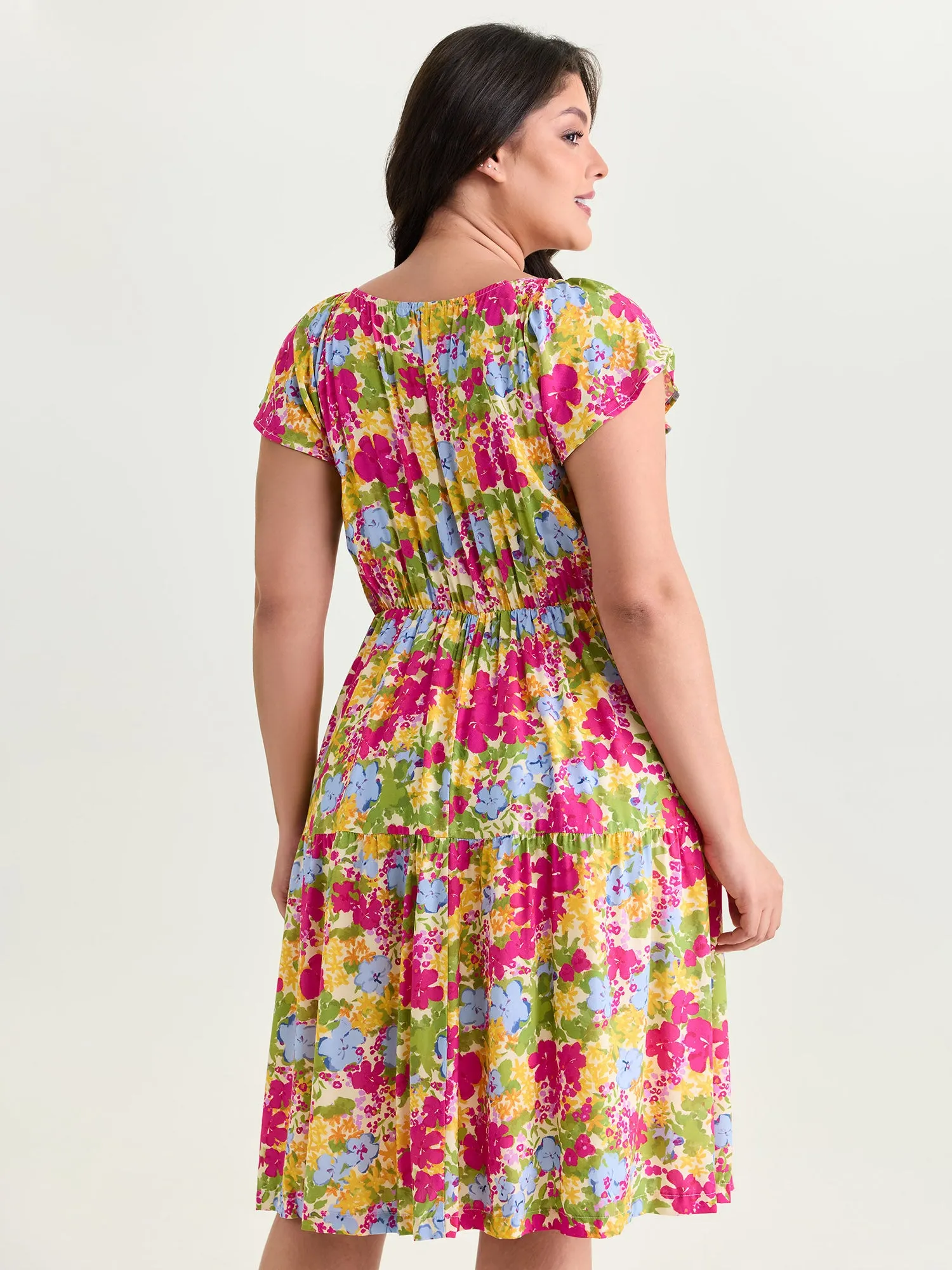 Large Floral Print Drawstring Bodice Midi Dress sold by Bloomchic product image thumbnail 4