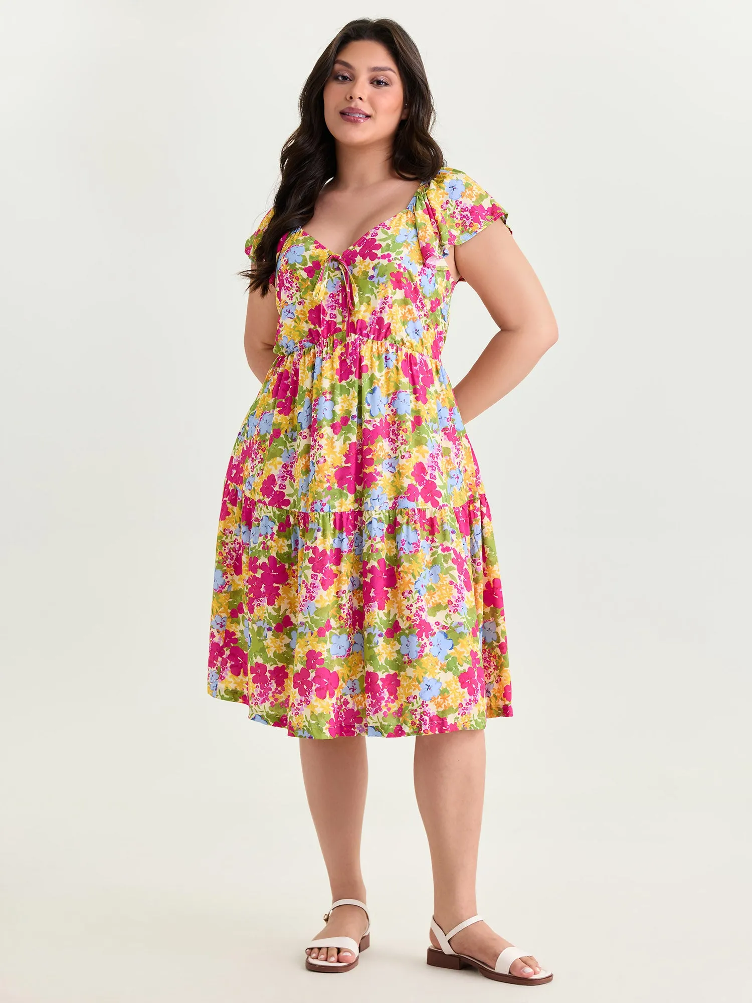 Large Floral Print Drawstring Bodice Midi Dress sold by Bloomchic product image thumbnail 3