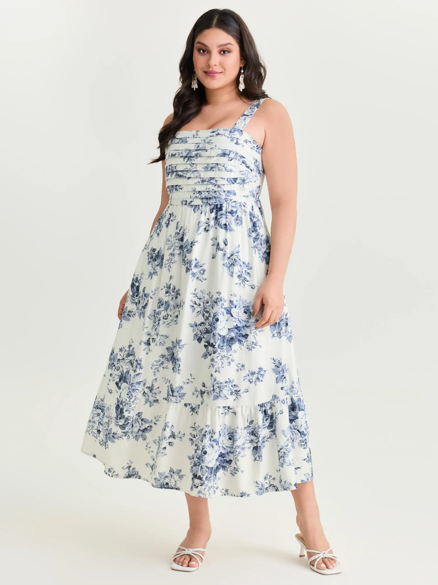 Large Floral Print Pleated Bodice Midi Dress sold by Bloomchic
