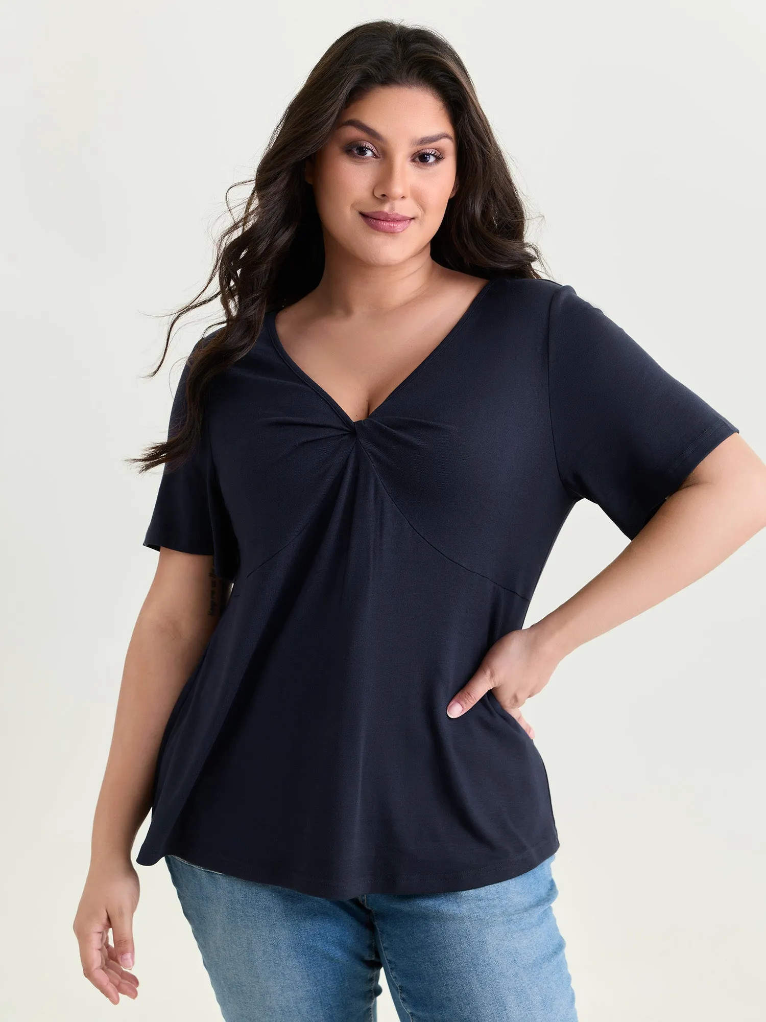 Supersoft Ruched V-Neck T-Shirt sold by Bloomchic