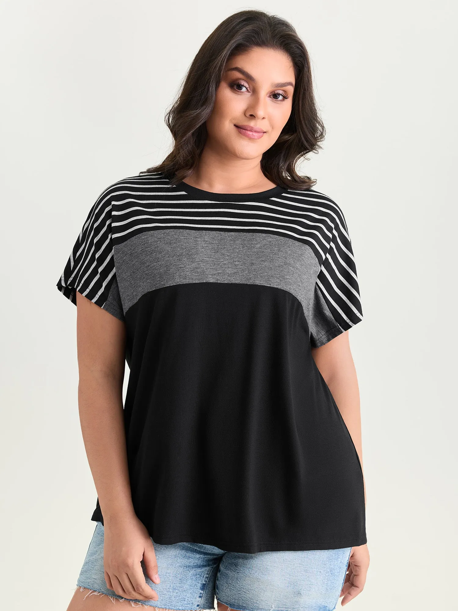 Supersoft Striped Print Color Contrast T-Shirt sold by Bloomchic