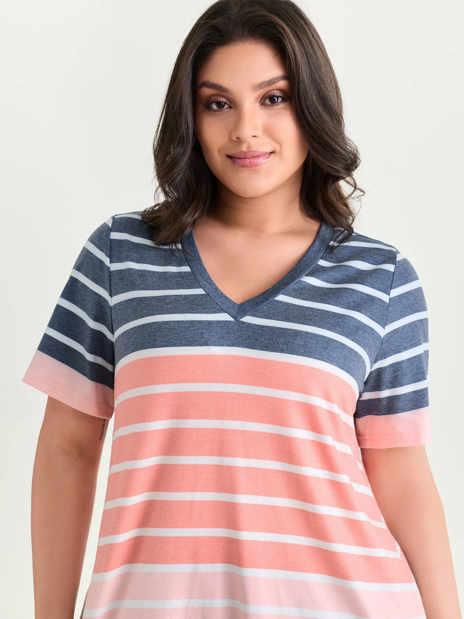 Supersoft Stretchy Colorful Striped Print V-Neck T-Shirt sold by Bloomchic product image thumbnail 2