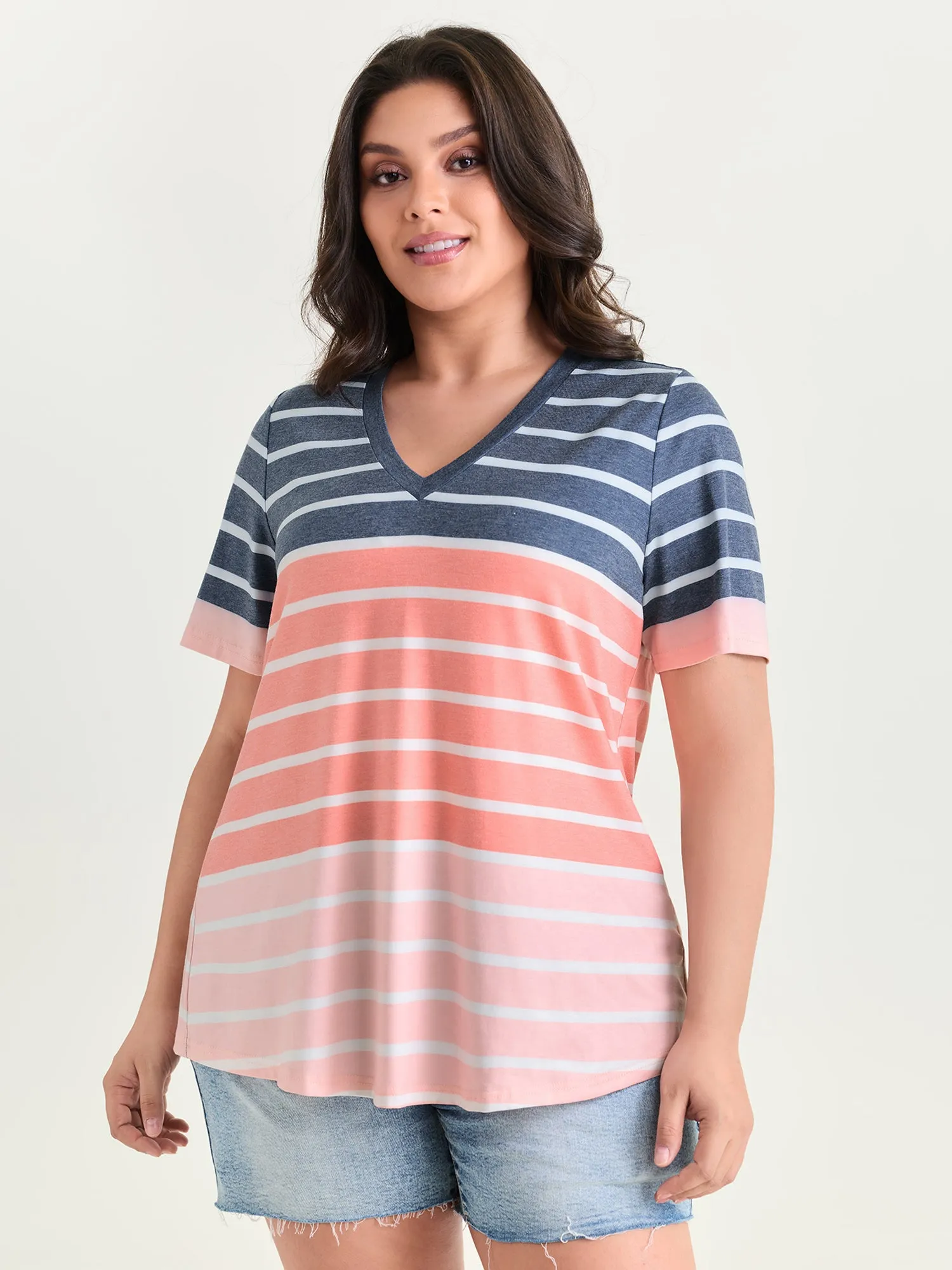 Supersoft Stretchy Colorful Striped Print V-Neck T-Shirt sold by Bloomchic